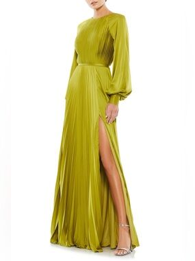 Mac Duggal Lime Green Pleated Maxi Dress with High Slit